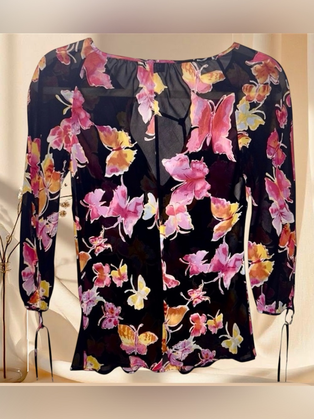 Vintage Moschino Butterfly Print Sheer Blouse Black Pink Y2K Chiffon Top - Picture 3 of 9